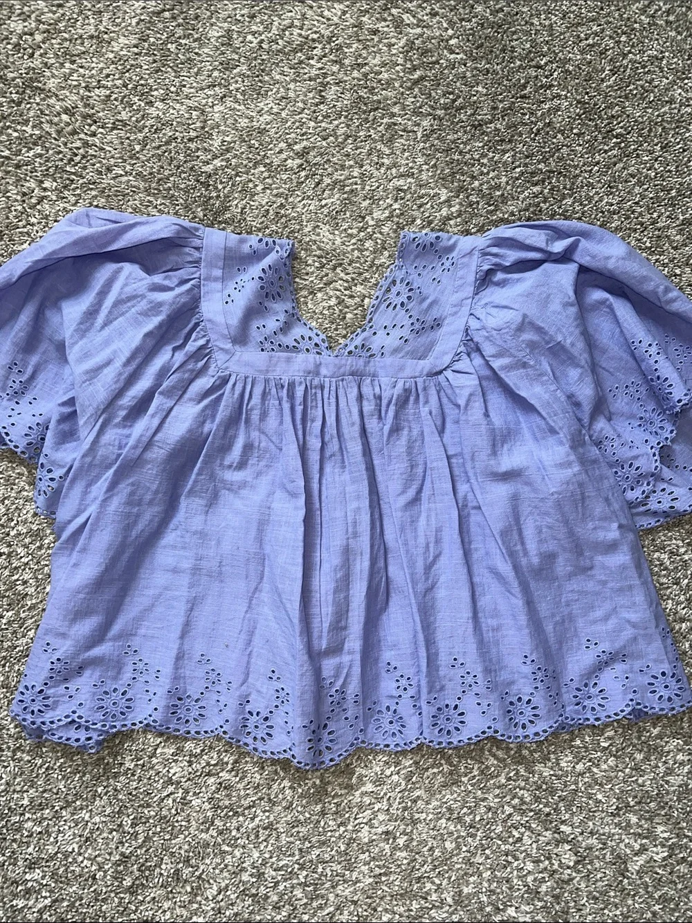 Free People Lavender Eyelet V-Neck Puff Sleeve Blouse